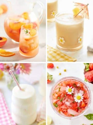 A collage of my favorite summer drinks: peach sangria with fruit slices, a creamy drink with an umbrella and daisy decoration, a frothy white smoothie with a straw, and a pink strawberry drink garnished with small flowers.