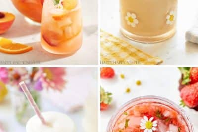A collage of my favorite summer drinks: peach sangria with fruit slices, a creamy drink with an umbrella and daisy decoration, a frothy white smoothie with a straw, and a pink strawberry drink garnished with small flowers.