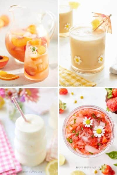A collage of my favorite summer drinks: peach sangria with fruit slices, a creamy drink with an umbrella and daisy decoration, a frothy white smoothie with a straw, and a pink strawberry drink garnished with small flowers.