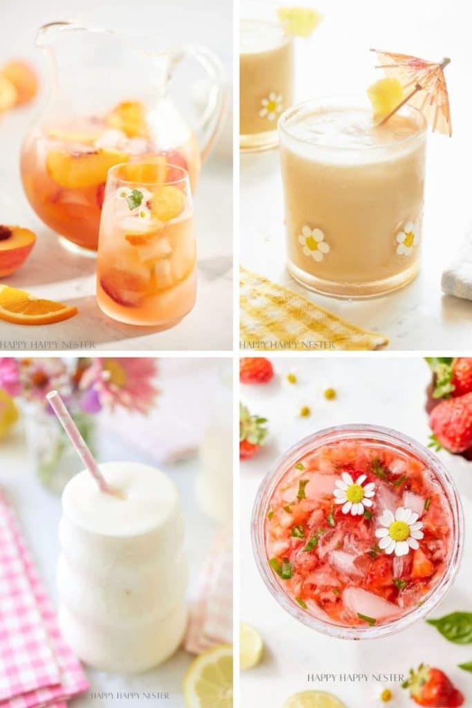 A collage of my favorite summer drinks: peach sangria with fruit slices, a creamy drink with an umbrella and daisy decoration, a frothy white smoothie with a straw, and a pink strawberry drink garnished with small flowers.