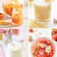 A collage of my favorite summer drinks: peach sangria with fruit slices, a creamy drink with an umbrella and daisy decoration, a frothy white smoothie with a straw, and a pink strawberry drink garnished with small flowers.