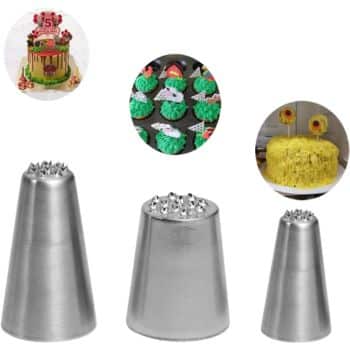Three metal piping tips are displayed in the foreground, with three round images above showing my favorite cakes and cupcakes decorated with grass-like icing created using similar piping tips.