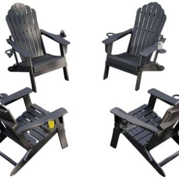 Four black Adirondack outdoor tables and chairs are shown from different angles, each featuring wide armrests with built-in cup holders and accessory slots, set against a plain white background.