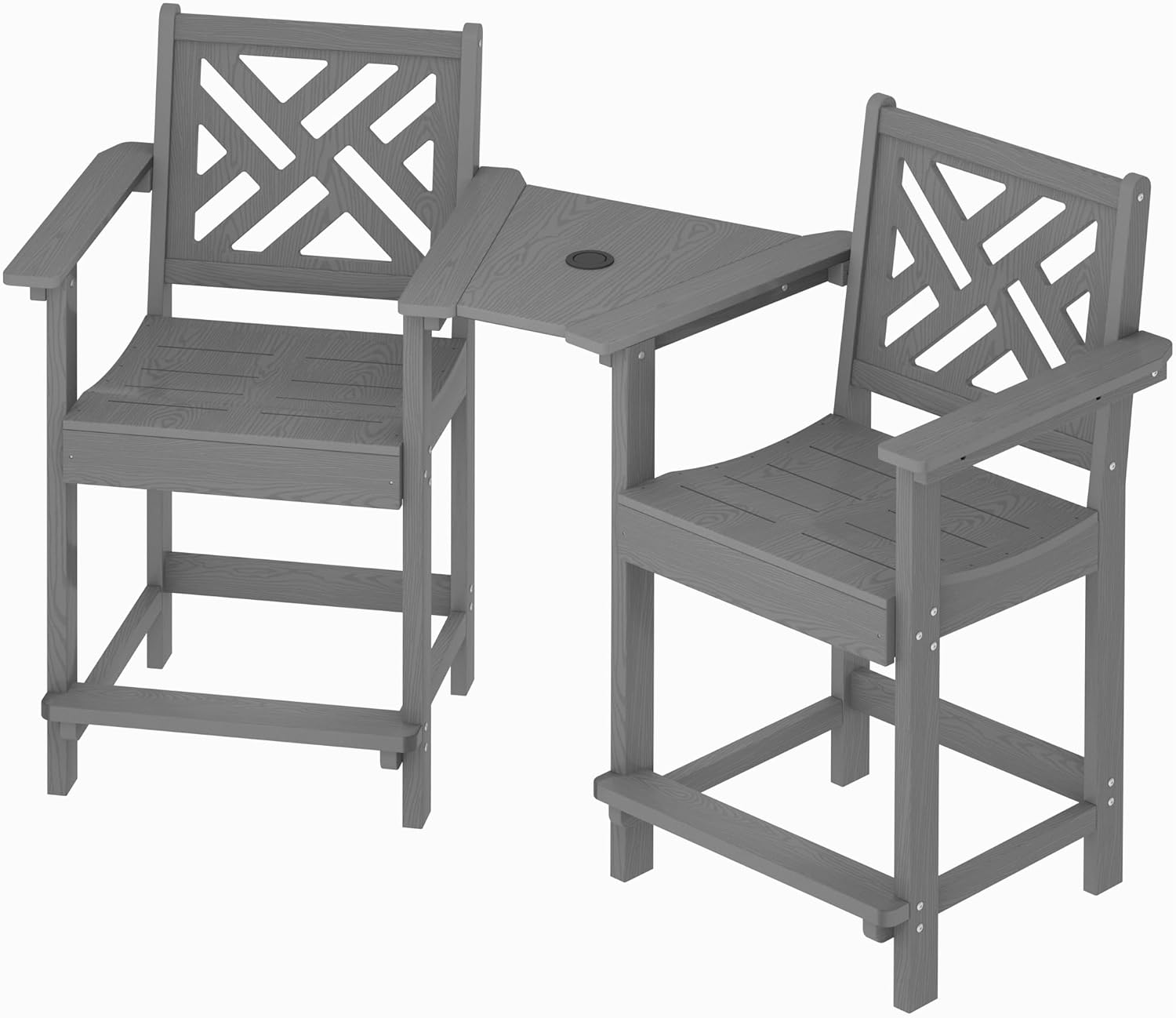 Two gray wooden outdoor tables and chairs form a single unit, with decorative backs connected by a small triangular table featuring a center hole. The furniture boasts a modern, geometric design.