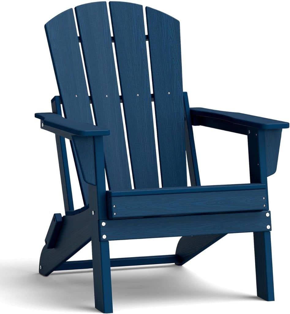 A blue Adirondack chair with wide armrests, a slatted back, and angled seat, perfect for pairing with your favorite outdoor tables and chairs, displayed against a white background.