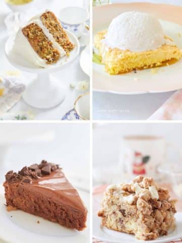 A collage of my favorite cakes: carrot cake with cream cheese frosting, a slice of yellow cake with white frosting, chocolate cake garnished with shavings, and crumb-topped coffee cake—all beautifully arranged on plates.