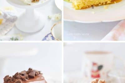 A collage of my favorite cakes: carrot cake with cream cheese frosting, a slice of yellow cake with white frosting, chocolate cake garnished with shavings, and crumb-topped coffee cake—all beautifully arranged on plates.