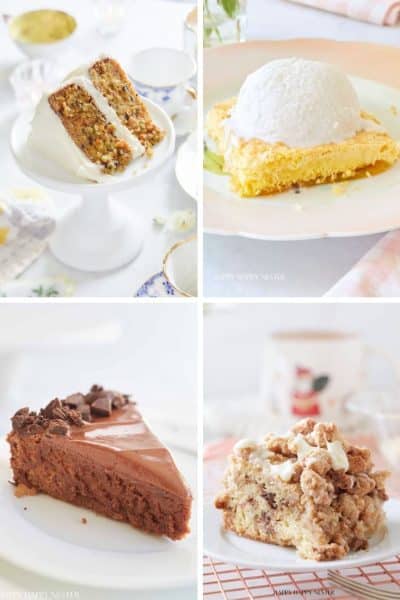 A collage of my favorite cakes: carrot cake with cream cheese frosting, a slice of yellow cake with white frosting, chocolate cake garnished with shavings, and crumb-topped coffee cake—all beautifully arranged on plates.