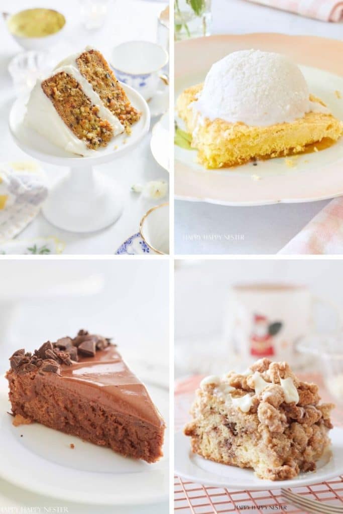 A collage of my favorite cakes: carrot cake with cream cheese frosting, a slice of yellow cake with white frosting, chocolate cake garnished with shavings, and crumb-topped coffee cake—all beautifully arranged on plates.