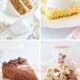 A collage of my favorite cakes: carrot cake with cream cheese frosting, a slice of yellow cake with white frosting, chocolate cake garnished with shavings, and crumb-topped coffee cake—all beautifully arranged on plates.
