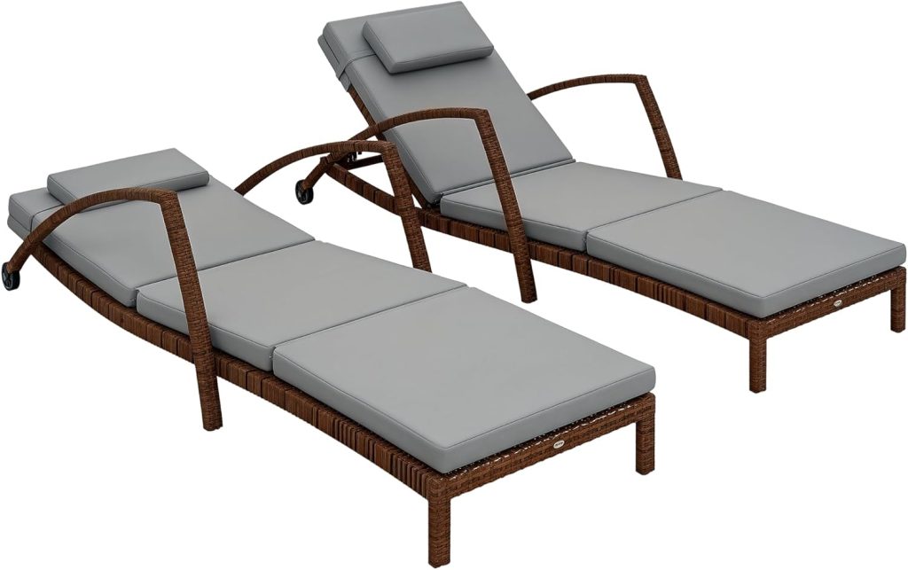 Two brown wicker outdoor lounge chairs with curved armrests, adjustable backs, and gray cushions. Each chair has a headrest and two wheels on the back legs, perfect for pairing with your favorite outdoor tables and chairs set.