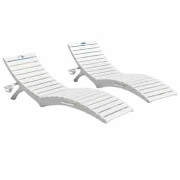 Two white, slatted plastic lounge chairs with curved designs are placed side by side on a plain white background, perfect for pairing with outdoor tables and chairs.