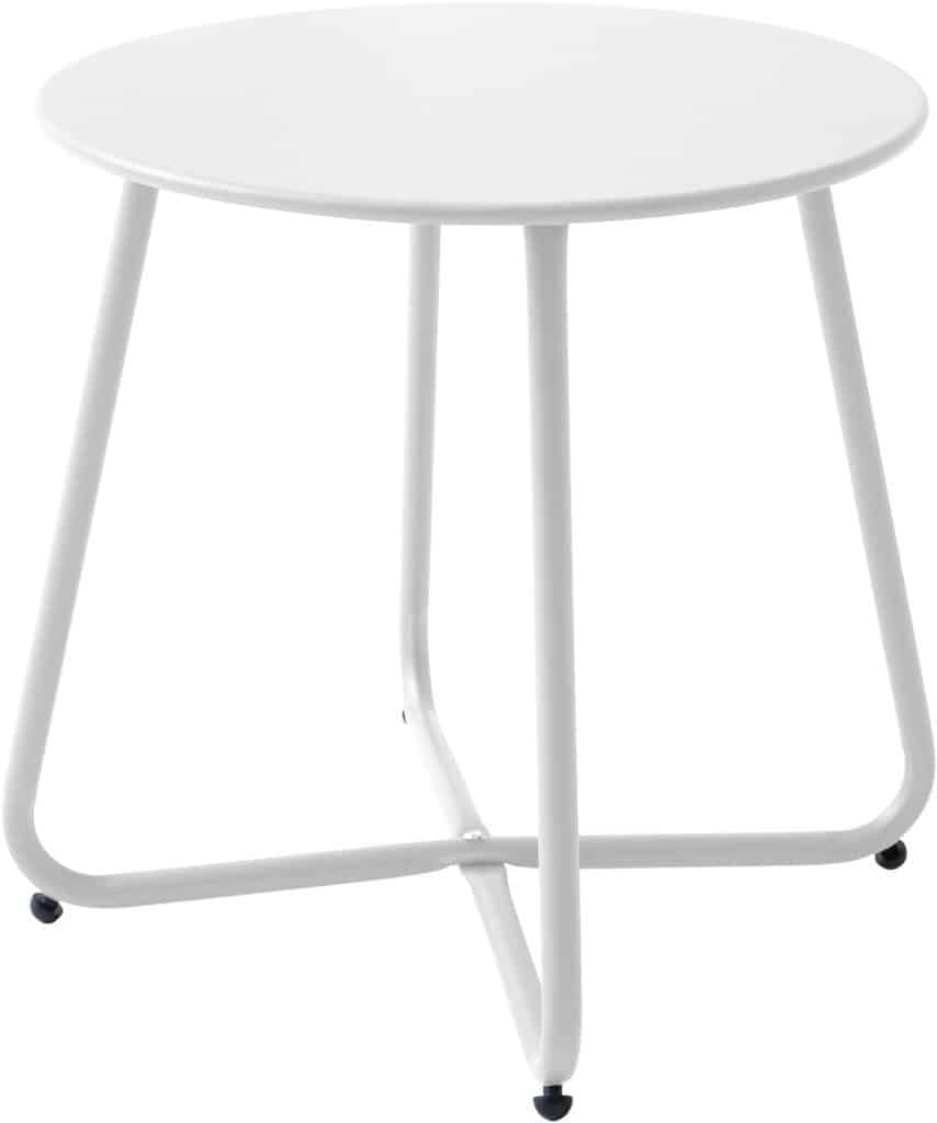 A small, round, white metal side table with three legs and a minimalist design, perfect for pairing with outdoor tables and chairs, shown against a plain white background.