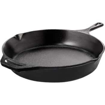 A black cast iron skillet with a handle and a small helper handle on the opposite side, perfect for easy fall dinners, shown against a white background.
