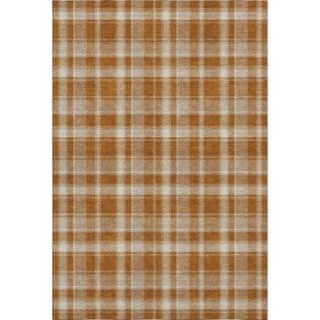 A rectangular fabric with a plaid pattern in shades of brown, beige, and white, featuring intersecting horizontal and vertical lines creating a checkered design.