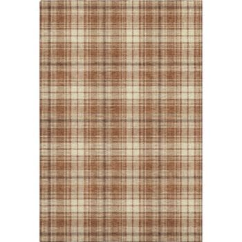 Rectangular area rug with a plaid pattern in shades of brown, beige, and cream. The design features intersecting vertical and horizontal lines creating a classic tartan look.