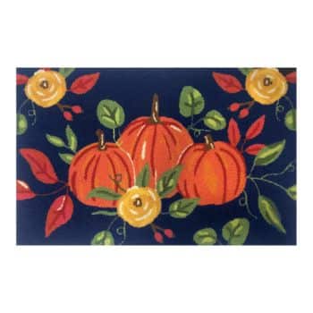 Illustration of three orange pumpkins surrounded by yellow flowers and green and red leaves on a dark blue background.