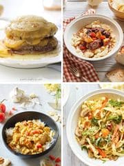 A collage of four easy fall dinners: a cheesy stacked burger, a bowl of beef stew with vegetables, a curry served over rice, and pasta with vegetables, all attractively arranged on separate tables.