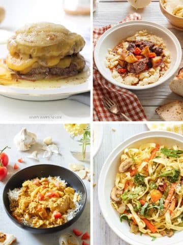 A collage of four easy fall dinners: a cheesy stacked burger, a bowl of beef stew with vegetables, a curry served over rice, and pasta with vegetables, all attractively arranged on separate tables.