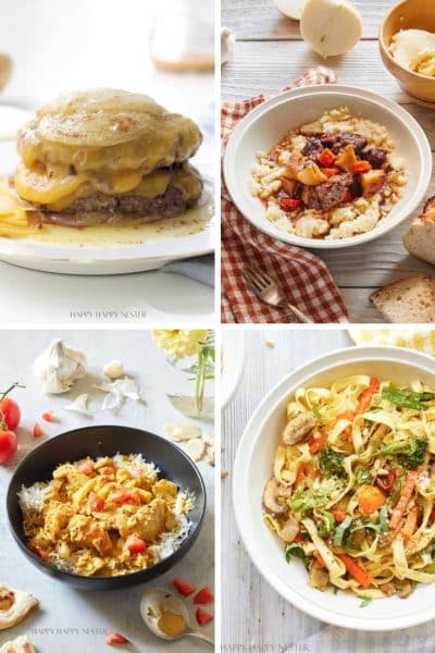 A collage of four easy fall dinners: a cheesy stacked burger, a bowl of beef stew with vegetables, a curry served over rice, and pasta with vegetables, all attractively arranged on separate tables.