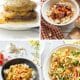 A collage of four easy fall dinners: a cheesy stacked burger, a bowl of beef stew with vegetables, a curry served over rice, and pasta with vegetables, all attractively arranged on separate tables.