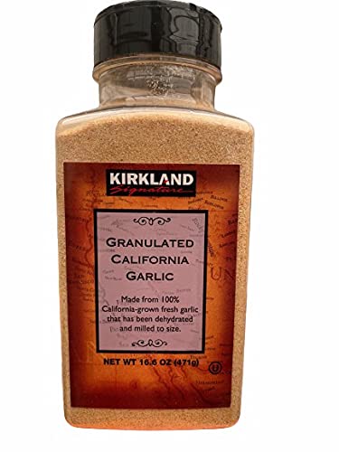 A plastic container of Kirkland Granulated California Garlic, featuring a black lid and brown label. With 16.6 ounces (471g) of dehydrated, milled garlic, it's perfect for adding bold flavor to any flying dutchman burger recipe.