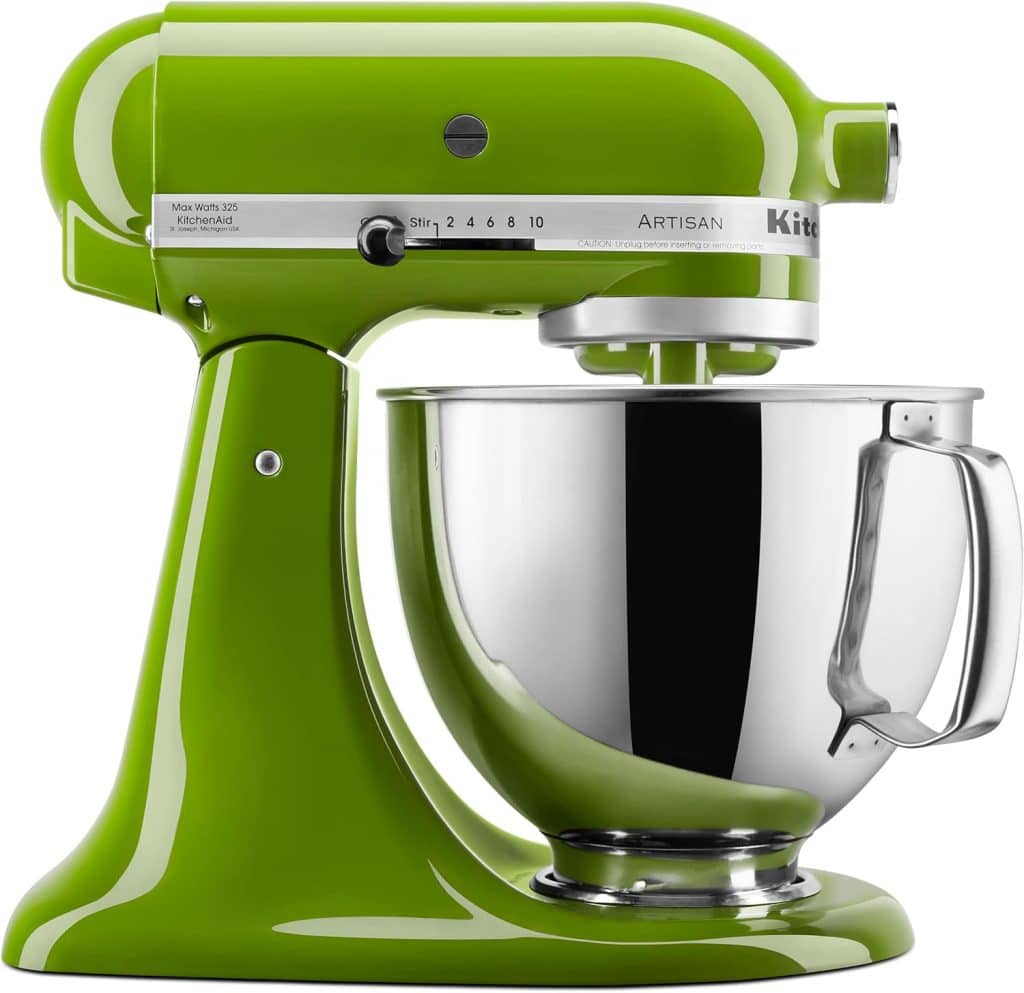 A bright green stand mixer with a stainless steel mixing bowl attached, featuring a speed control dial and labeled as "Artisan" on the side. The sleek, retro design is perfect for whipping up your favorite lemon sugar cookie recipe.