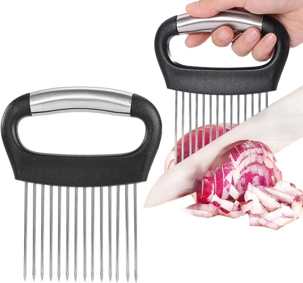 A hand holds an onion holder with metal prongs, securing a red onion for perfect slices—ideal for topping your Flying Dutchman burger recipe. Another identical onion holder sits beside it.