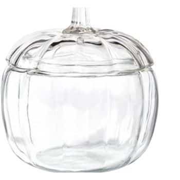 A clear glass jar shaped like a pumpkin with a matching lid, perfect for storing your favorite treats and celebrating all things pumpkin, shown against a white background.