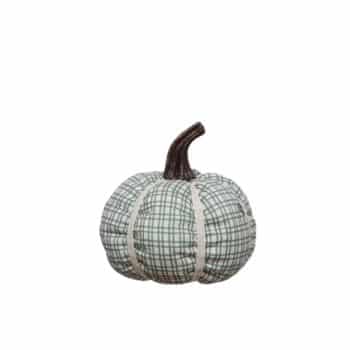 A plush pumpkin with a green and white plaid fabric pattern and a dark brown fabric stem, isolated on a white background.