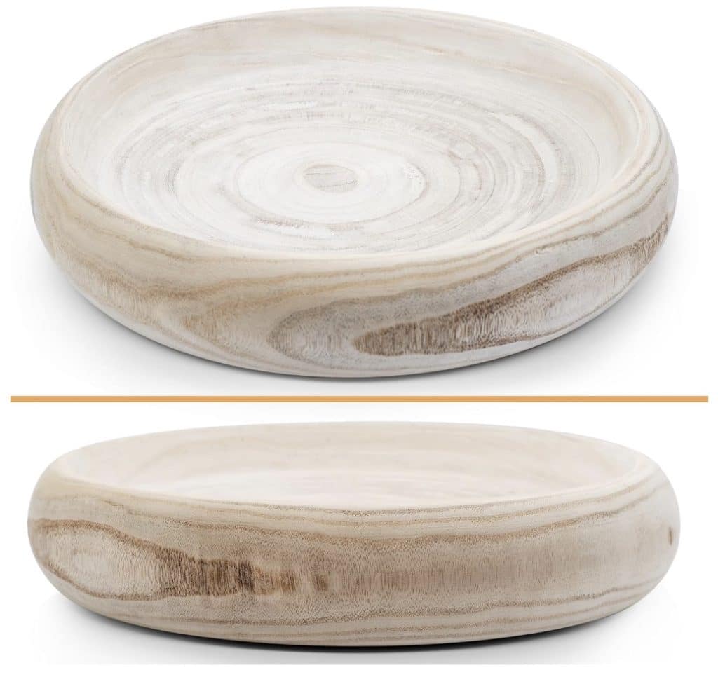 A round, shallow wooden tray with smooth, light-colored wood grain patterns, perfect for a dough bowl candle DIY project, shown from a top-down and side angle on a white background.