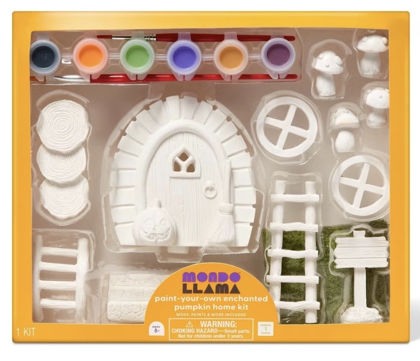 Bring all things pumpkin to life with this home painting kit! Includes unpainted white figurines—house, mushrooms, and more—plus six paint pots, brush, and mixing tray. Yellow “Mondo Llama” packaging completes the festive fun.