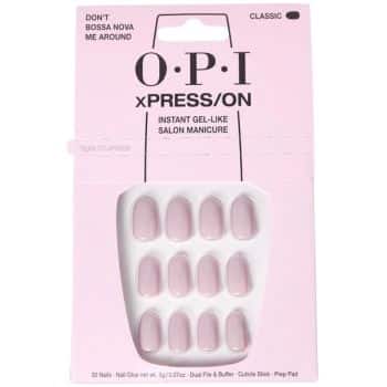 A pink package of OPI xPRESS/ON instant gel-like salon manicure press-on nails, featuring 30 light pink nails displayed in a clear tray. The packaging includes product details and branding.
