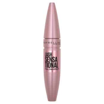 A pink tube of Maybelline Lash Sensational mascara with black text that reads "Lash Sensational Full Fan Effect.
