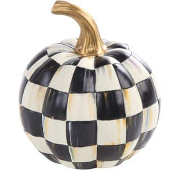 A decorative pumpkin inspired by all things pumpkin, featuring a black and white checkerboard pattern and a metallic gold stem.