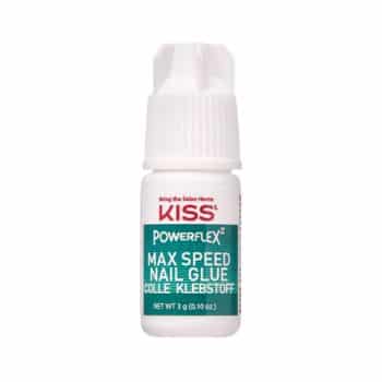 A small white bottle of KISS Powerflex Max Speed Nail Glue with a teal label and red logo, containing 3 grams (0.10 oz) of glue, used for attaching artificial nails.
