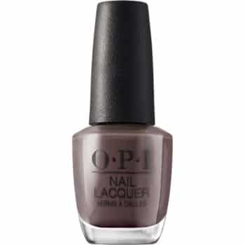 A bottle of OPI Nail Lacquer in a dark taupe shade with a black cap and the brand’s logo printed on the front.