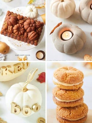 A collage of all things pumpkin: a pumpkin-shaped loaf cake, pumpkin-like candle holders, a white pumpkin with gold “boo” letters, and a stack of sandwich cookies on a light background.