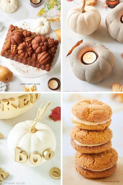 A collage of all things pumpkin: a pumpkin-shaped loaf cake, pumpkin-like candle holders, a white pumpkin with gold “boo” letters, and a stack of sandwich cookies on a light background.