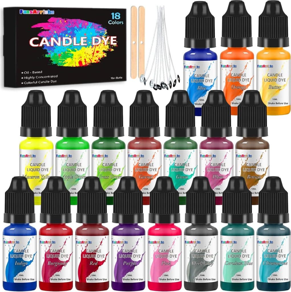 A set of 18 colorful liquid candle dye bottles with labels, a "Candle Dye" box, four wooden sticks, and five plastic droppers—perfect for dough bowl candle DIY projects.