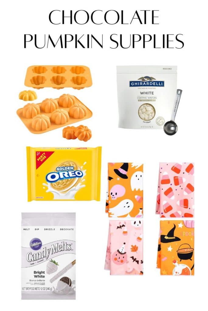 A collection of chocolate pumpkin supplies: pumpkin-shaped silicone molds, Ghirardelli white chocolate chips, Golden Oreo cookies—perfect for your next Oreo Halloween treats recipe—plus two festive treat bags and Wilton white candy melts.