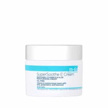 A white jar of m-61 SuperSoothe E Cream with a silver lid and blue label, described as a soothing, oil-free moisturizing cream with vitamin E, aloe, goji berry, and seaweed.
