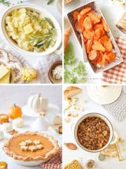 A collage of four dishes inspired by my favorite Thanksgiving recipes: mashed potatoes with herbs and butter, glazed carrots, pumpkin pie with a leaf-shaped crust, and casserole with crumb topping, all surrounded by autumn-themed decor.