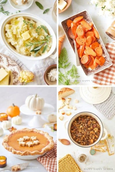 A collage of four dishes inspired by my favorite Thanksgiving recipes: mashed potatoes with herbs and butter, glazed carrots, pumpkin pie with a leaf-shaped crust, and casserole with crumb topping, all surrounded by autumn-themed decor.