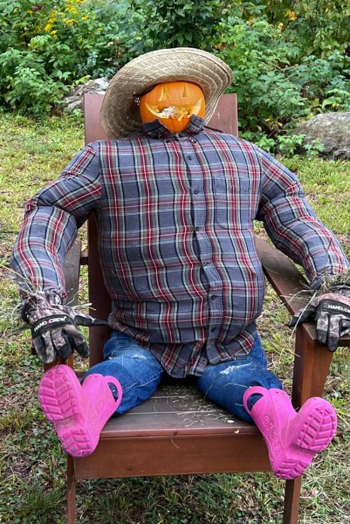A scarecrow with a carved pumpkin head celebrates all things pumpkin, dressed in a plaid shirt, jeans, gloves, straw hat, and bright pink shoes as it sits in a wooden chair outdoors, surrounded by lush greenery.