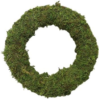 A circular wreath made of green moss, displayed on a white background. The wreath has a natural, textured appearance with an open center.