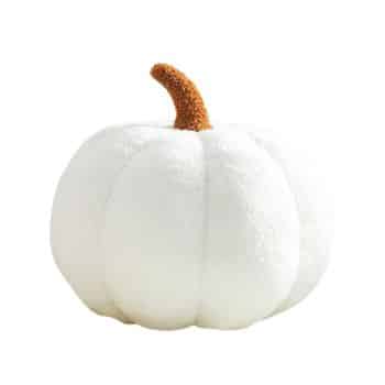 A soft, plush white pumpkin with a textured brown stem, displayed against a plain white background.