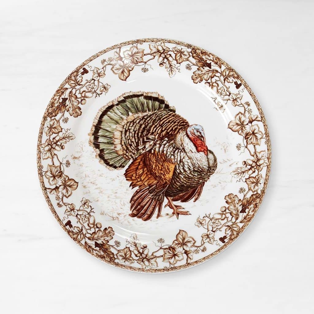 A decorative plate with a detailed illustration of a turkey in the center, surrounded by a floral and vine pattern along the rim—perfect for serving one of my favorite Thanksgiving recipes, all set against a crisp white background.