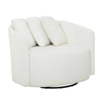 A modern, round swivel chair upholstered in white fabric, featuring a curved backrest and three matching, angled cushions for added comfort.