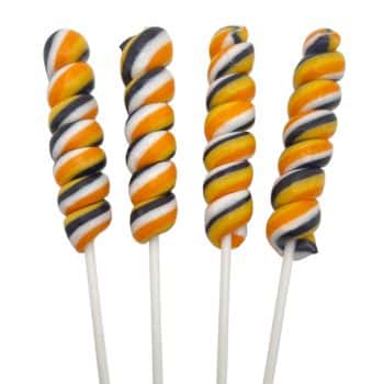 Four twisted lollipops with orange, black, yellow, and white stripes, each on a white stick, stand upright against a plain white background—festive halloween treats perfect for your spooky celebration.